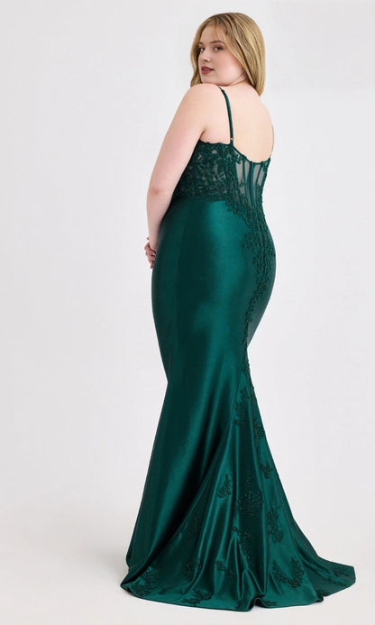 Plus size emerald satin evening dress with sheer corset back and beaded lace trail
