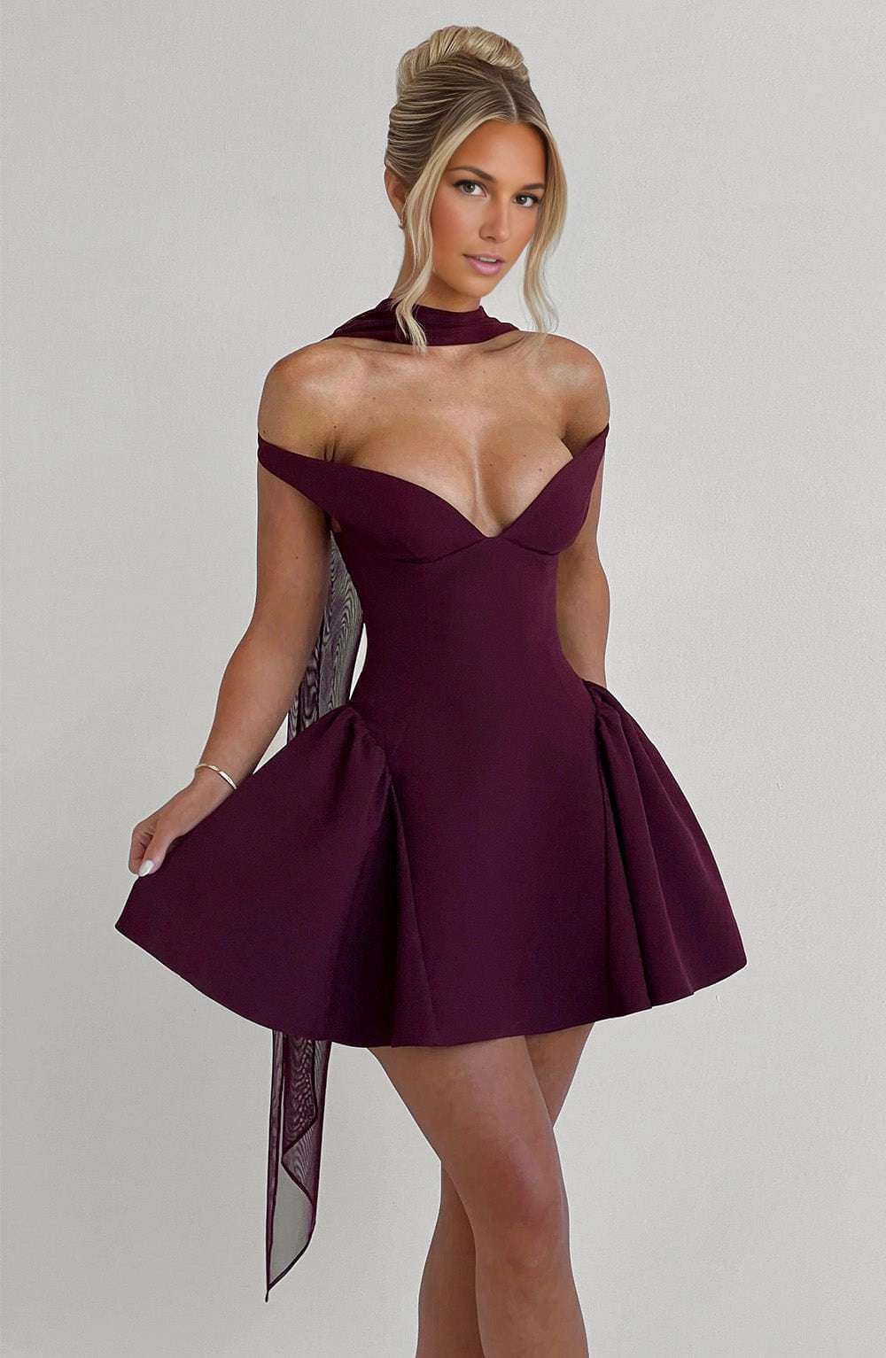 Flared Off Shoulder Deep V Open Back Mini Homecoming Dress