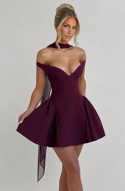 Flared Off Shoulder Deep V Open Back Mini Homecoming Dress