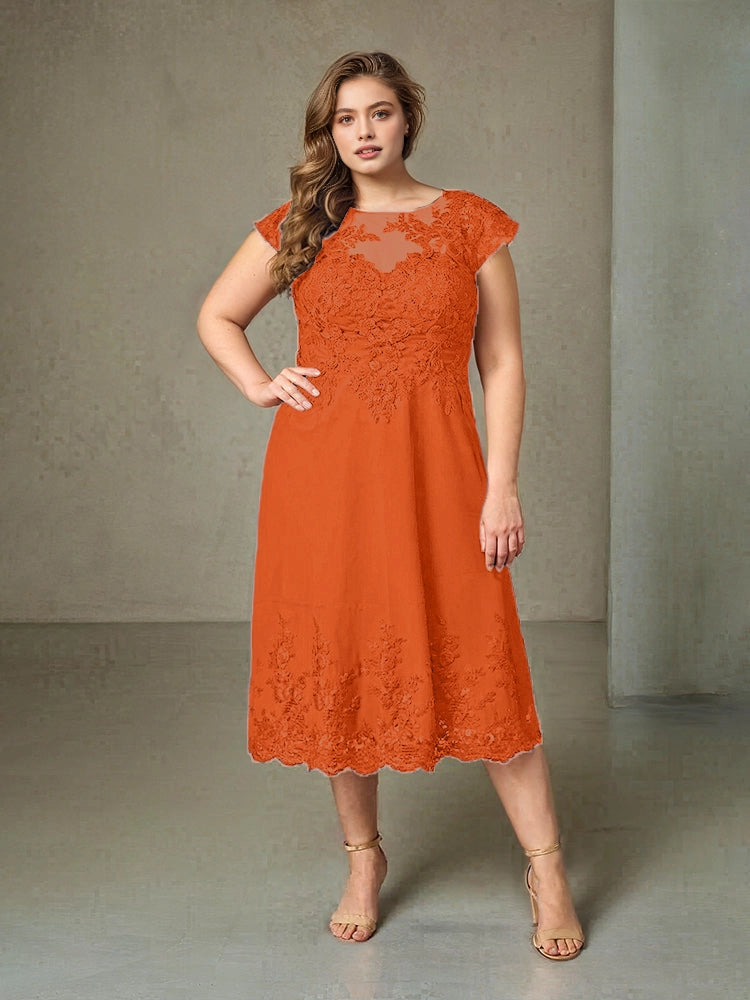 Charming A‑Line Illusion Neck Cap Sleeve V‑Back Midi Length Plus Size Mother Of The Bride Dress