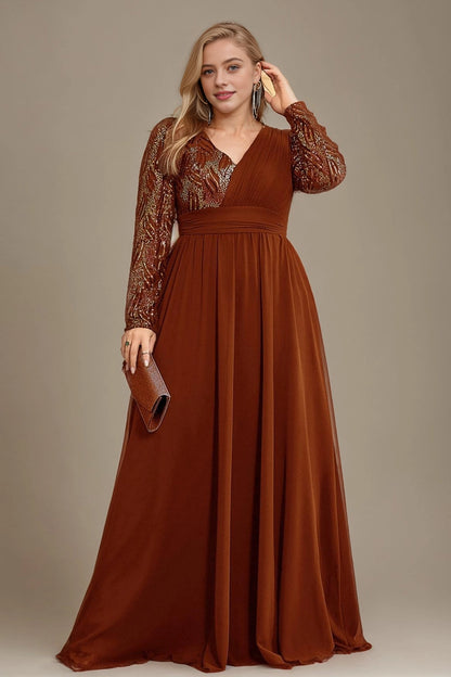 Roselledress Brown sequin chiffon plus size mother gown wrap v neck long sleeve maxi dress front photo