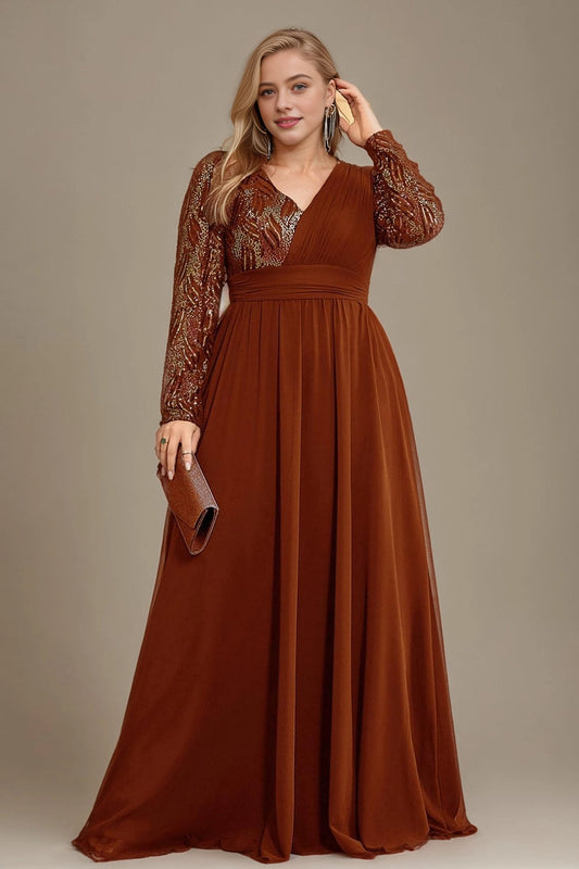 Roselledress Brown sequin chiffon plus size mother gown wrap v neck long sleeve maxi dress front photo