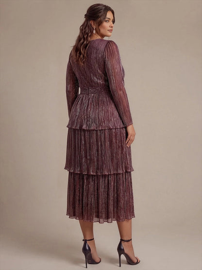 Roselledress Metallic‑Shimmer Tiered Ruffle Sleeve Maxi Plus Size Wedding Guest Dress