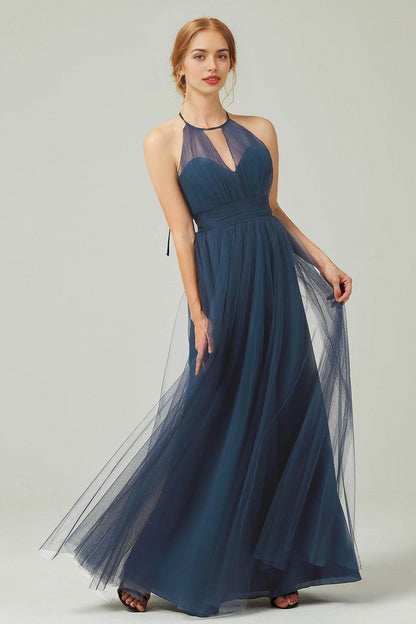 Plus Size Elegant Tulle A-Line Halter Sleeveless Open-Back Floor-Length Bridesmaid Dress