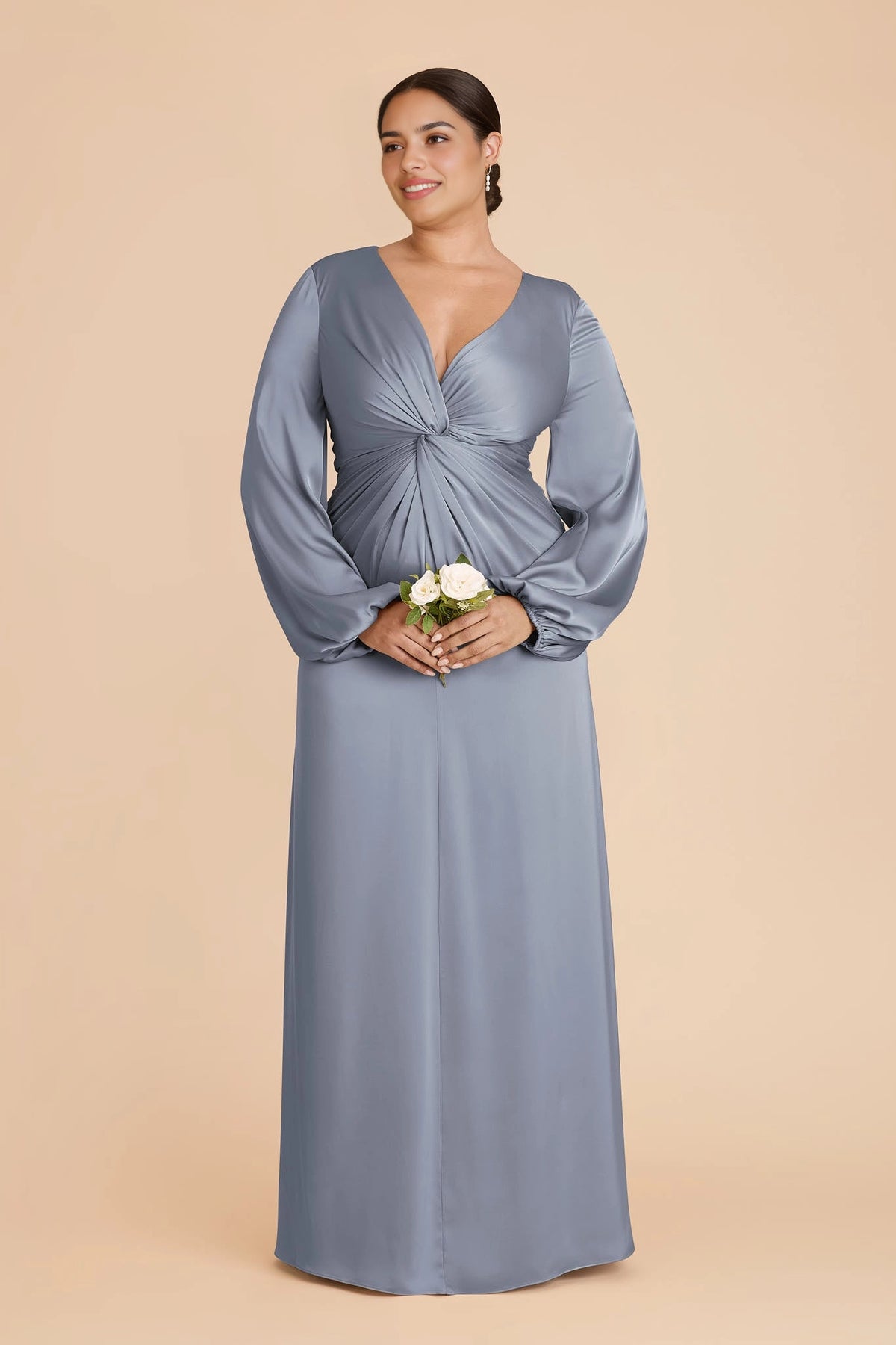 Elegant Plus Size A-Line V-Neck Bishop Sleeve Zipper Back Maxi Bridesmaid Dress