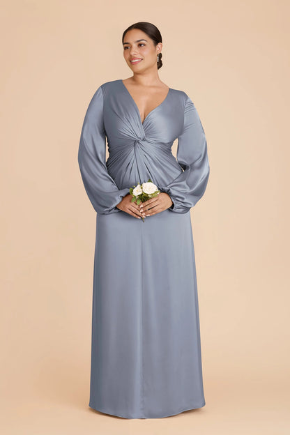 Elegant Plus Size A-Line V-Neck Bishop Sleeve Zipper Back Maxi Bridesmaid Dress