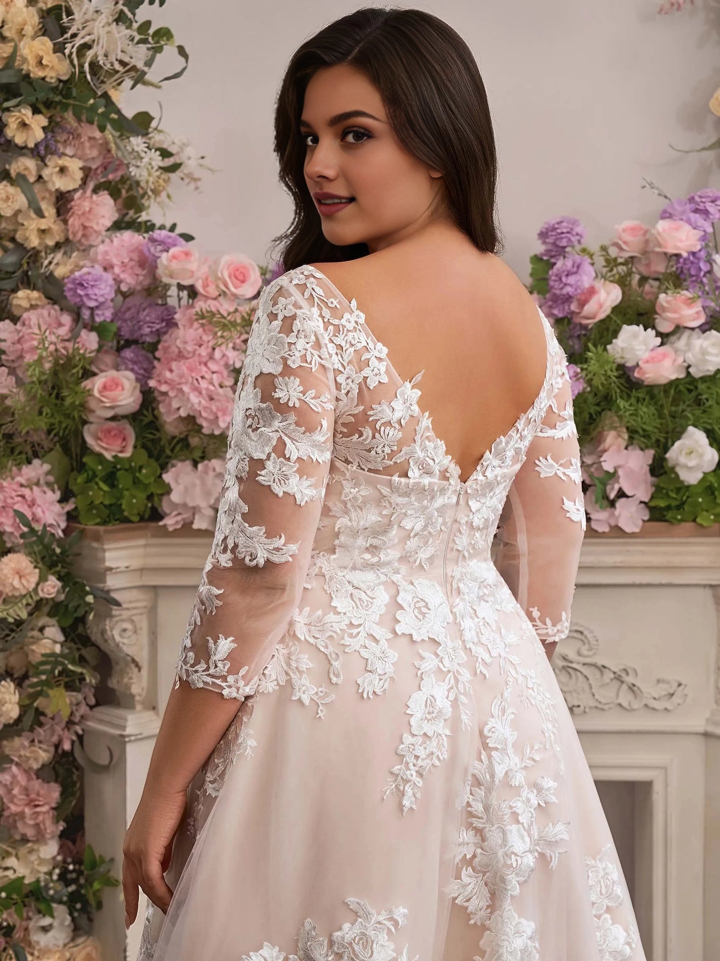 Romantic A‑Line V‑Neck 3/4‑Sleeve V‑Zip‑Back Court‑Train Plus Size Wedding Dress