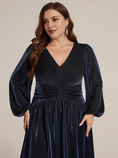 Roselledress Navy Glitter A Line V Neck Long Sleeve Plain Back Maxi Length Plus Size Wedding Guest Dress 