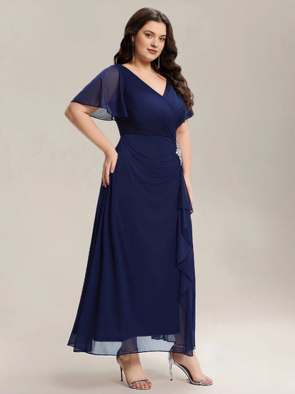 Plus Size Chiffon V-Neck Flutter Sleeve Rhinestone Brooch Slit Mother of Bride Dress