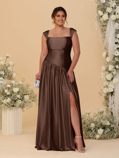 Stunning Champagne A‑Line Convertible‑Neck Ruched Zip‑Back High‑Slit Floor‑Length Bridesmaid Dress