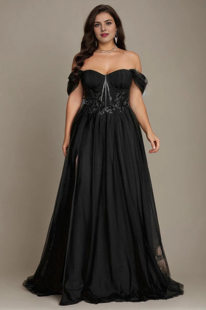 Olive Green Plus Size A‑Line Off‑The‑Shoulder Short‑Sleeve Lace‑Up‑Back Long Prom Dress