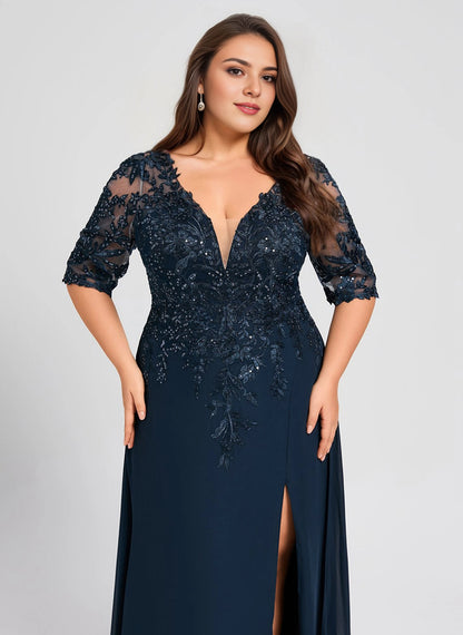 Gorgeous Plus Size A-Line V-Neck 3/4 Sleeve Illusion-Back Floor-Length Mother Of Bride Dress