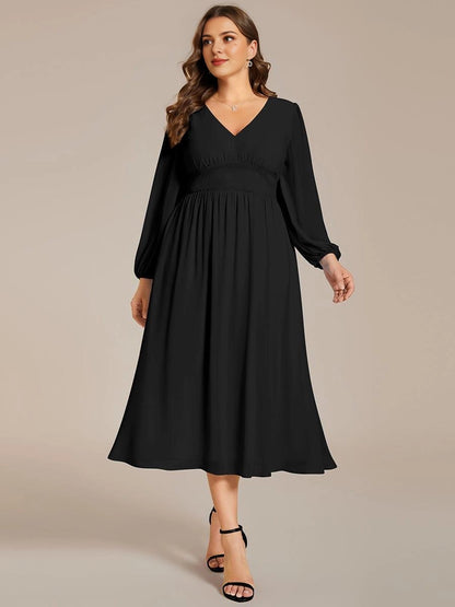 Roselledress Emerald A-Line V-Neck Lantern-Sleeve Solid-Zip-Back Midi Plus Size Weeding Guest Dress