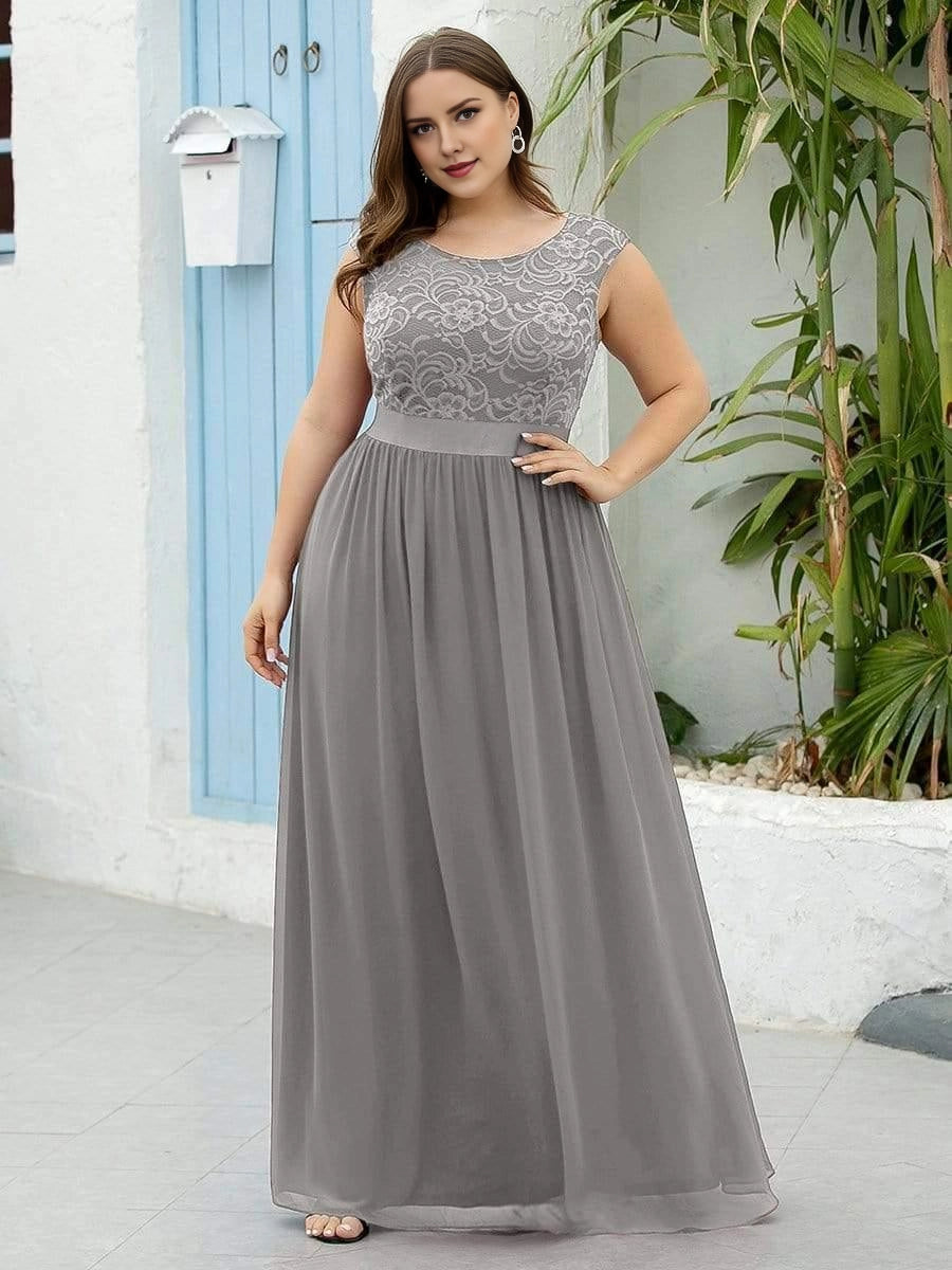 Romantic A-Line Round Cap Sleeve V-Back Sash Waist Floor-Length Plus Size Bridesmaid Dress