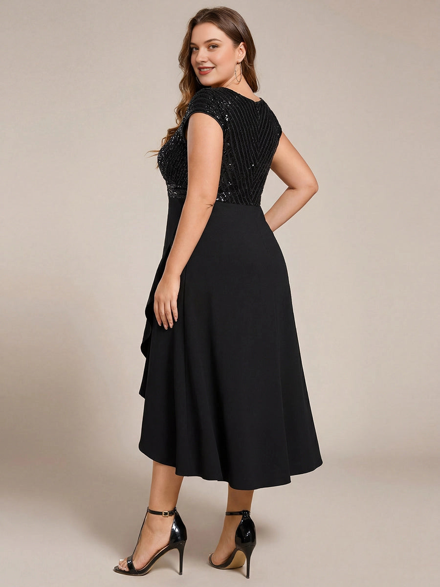 Plus Size Sequin Bodice V-Neck Cap Sleeve Asymmetrical Mother of Bride Dress