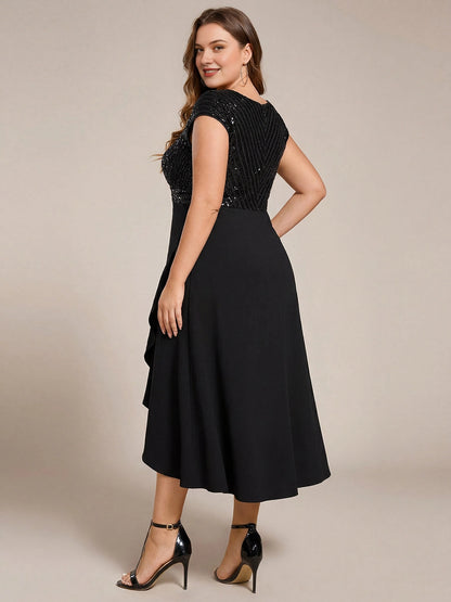 Plus Size Sequin Bodice V-Neck Cap Sleeve Asymmetrical Mother of Bride Dress
