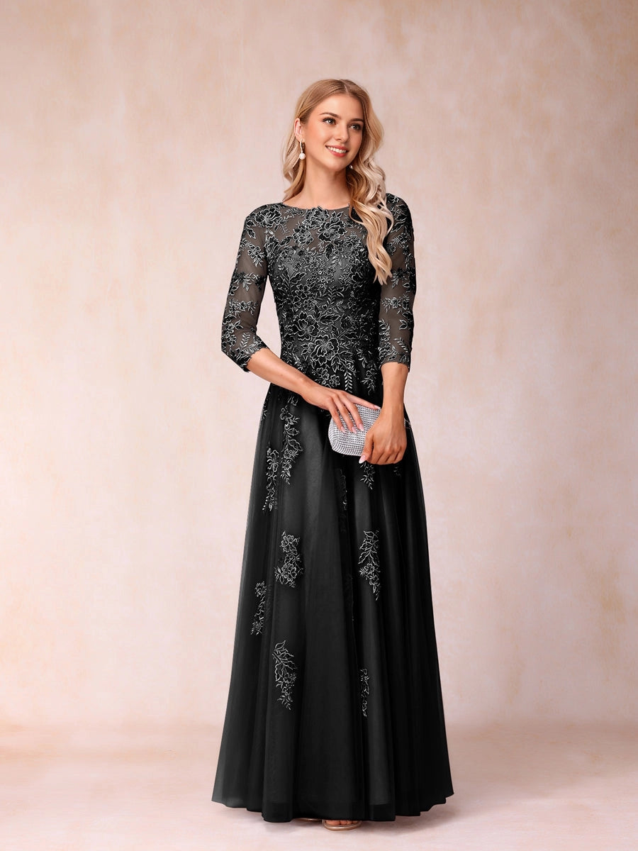 Graceful A Line Round 3/4 Sleeve Illusion V Back Lace Long Mother Of Bride Dress