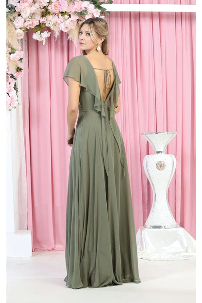 Elegant Plus Size A-Line V-Neck Flutter-Sleeve Open-Back Maxi Mother of Bride Dress
