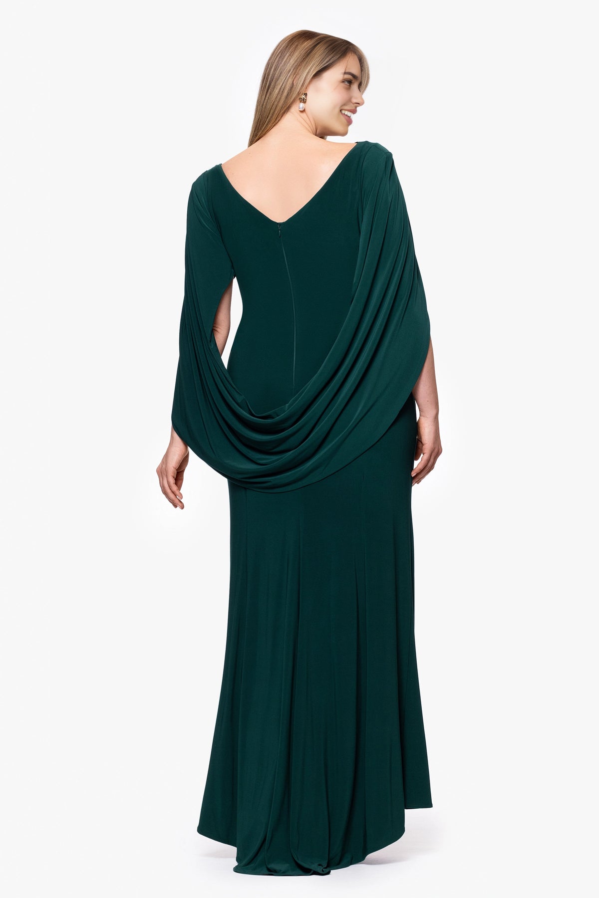 Plus Size Elegant Sheath Boat Neck Cape Sleeve V-Back Maxi Wedding Guest Dress