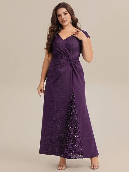 RoselleDress purple glitter plus size floor length wedding guest dress deep v cap sleeve twist waist sequin slit front view