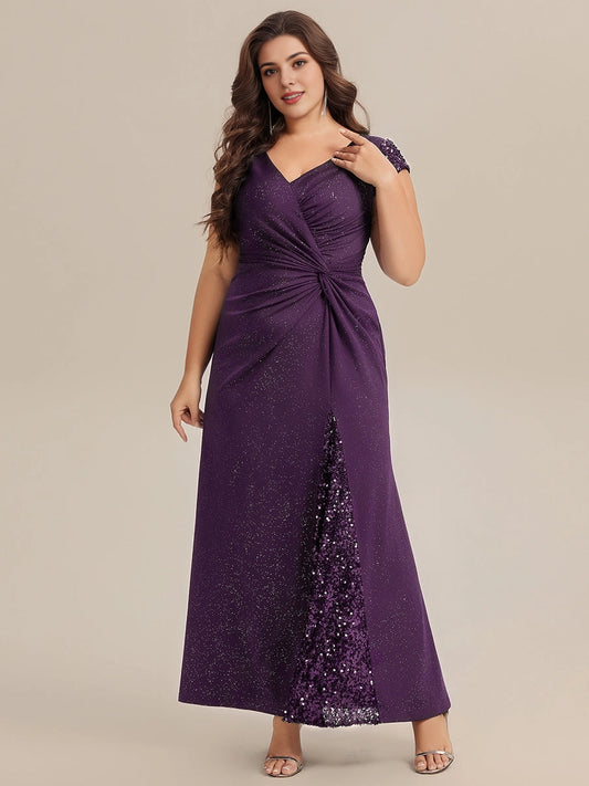 RoselleDress purple glitter plus size floor length wedding guest dress deep v cap sleeve twist waist sequin slit front view