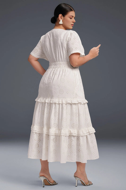 Roselledress plus size casual formal dress solid back eyelet tiered midi gown rear view