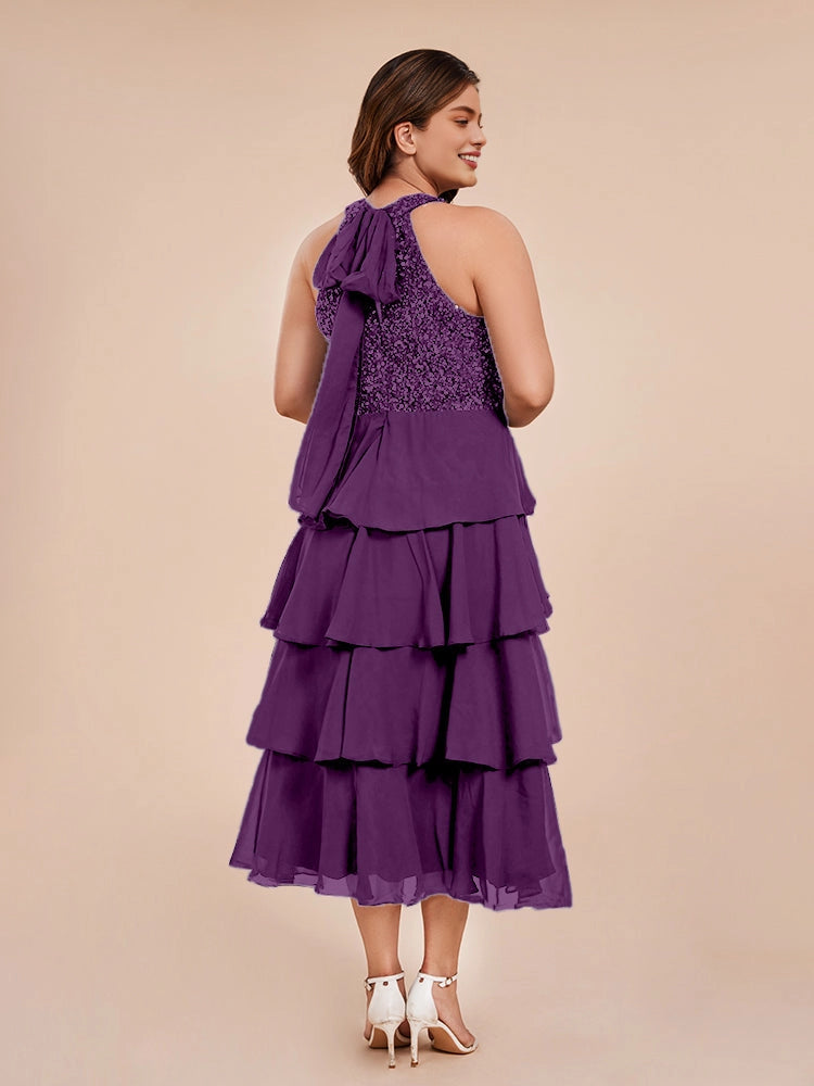 Back view Roselledress plus size halter tie‑back bow sequin chiffon layered midi formal dress