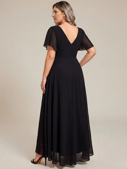 Elegant Plus Size A-Line V-Neck Flutter-Sleeve V-Back Maxi Mother of Bride Dress