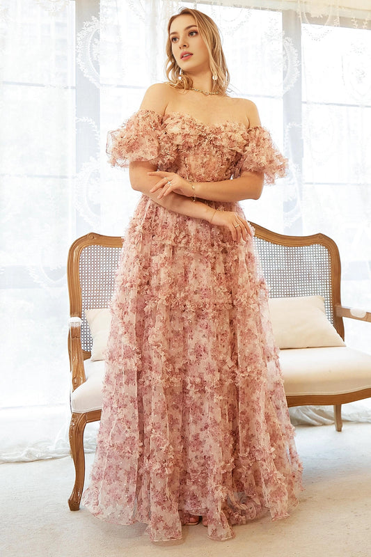 Roselledress dusty pink plus size prom dress a‑line off‑shoulder puff sleeve floral tiered tulle evening gown