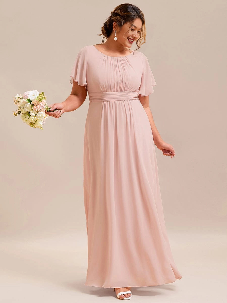 A-Line Round Neck Flutter Sleeve Back Zipper Floor Length Plus Size Floral Chiffon Wedding Guest Dress