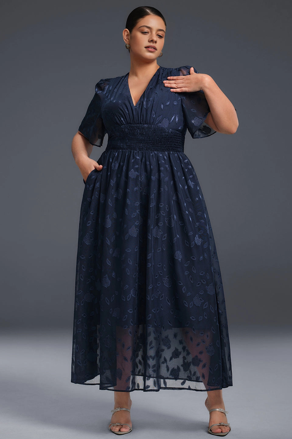 A-line Midi V-Neck Flutter-Sleeve Zip-Back Midi plus size Mother Of Bride Dress