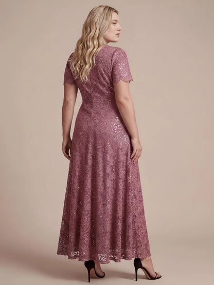 Plus Size Sequin Lace V-Neck Flutter Sleeve Long Mother of Bride Dress
