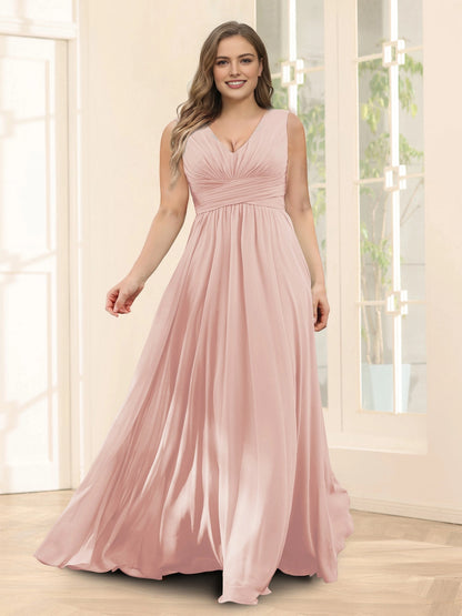 Plus‑Size Sleeveless V‑Neck Empire Waist Chiffon A‑Line Floor‑Length Wedding Guest Dress