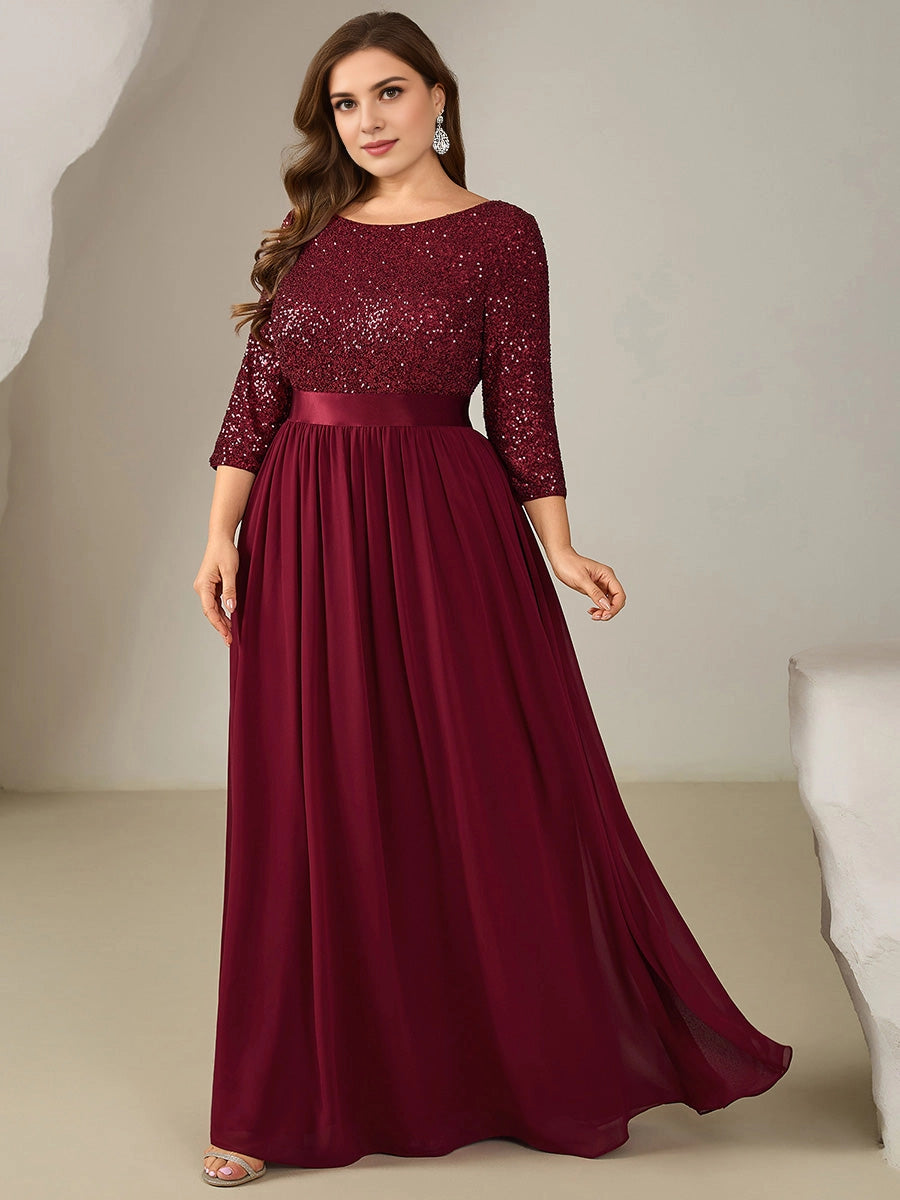 roselledress burgundy plus size wedding guest floor a-line chiffon dress boat neck 3/4 sleeve all over sequin bodice satin waistband formal evening gown