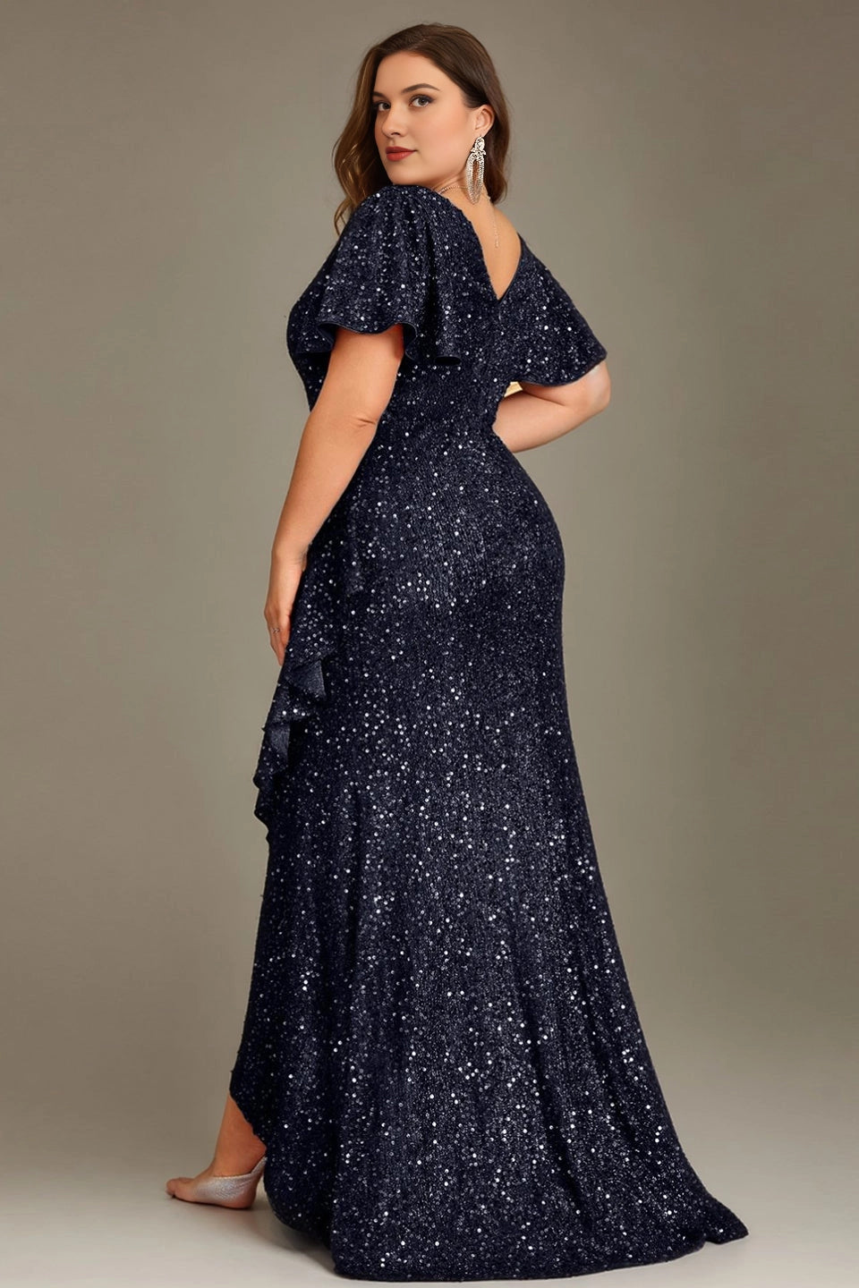 Glamorous Plus Size Sheath V-Neck Short-Sleeve V-Back Long Evening Dress
