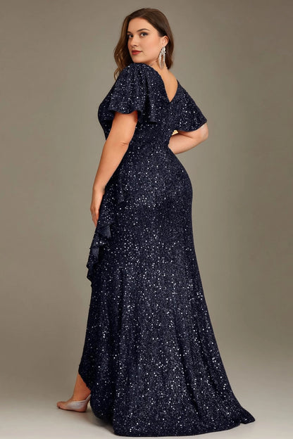 Glamorous Plus Size Sheath V-Neck Short-Sleeve V-Back Long Evening Dress