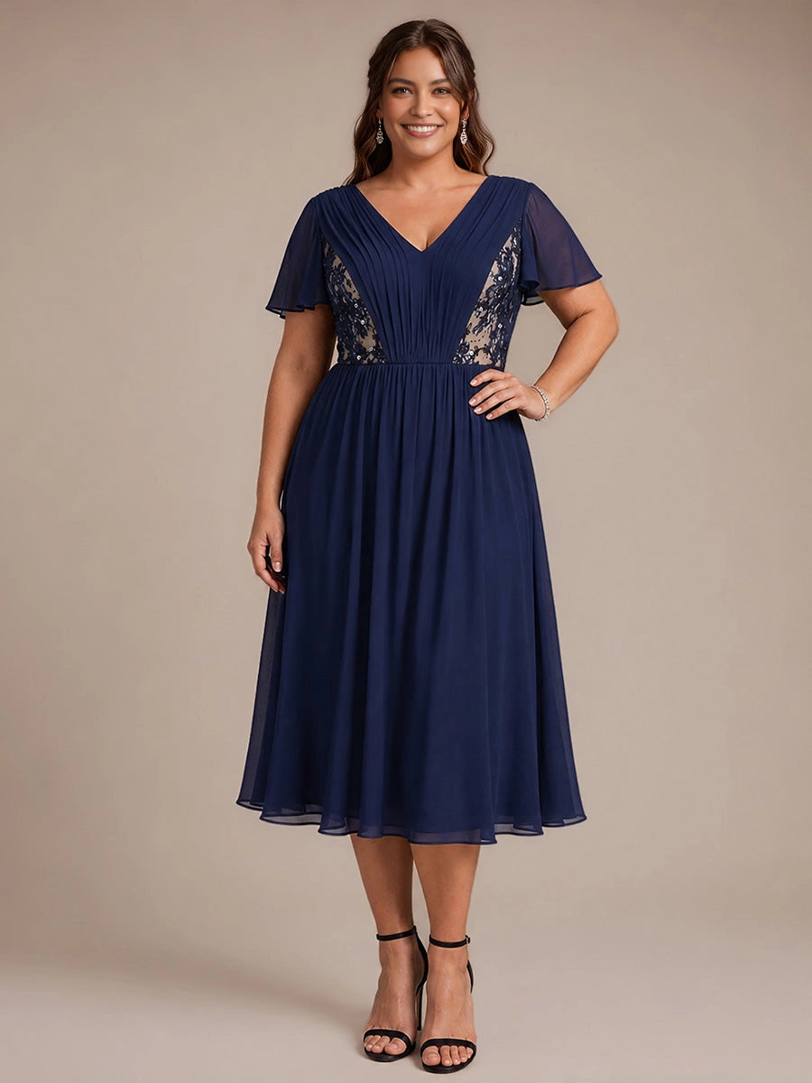 Roselledress Dark Green Plus‑Size V‑Neck Flutter Sleeve Lace Applique Midi Mother of the Bride Dress
