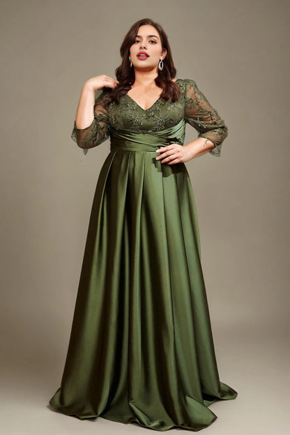 Dusty Lavender Plus Size A‑Line V‑Neck 3/4‑Sleeve V‑Back Zip‑Back Floor‑Length Prom Dress