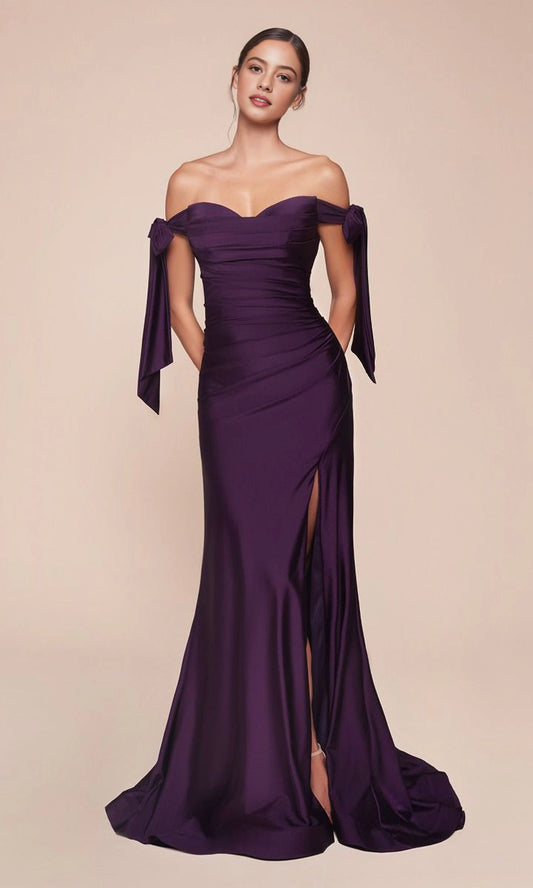 roselledress navy glossy stretch satin detachable long bow off shoulder sweetheart waist ruched high thigh slit long bridesmaid prom gown neutral beige studio front full shot
