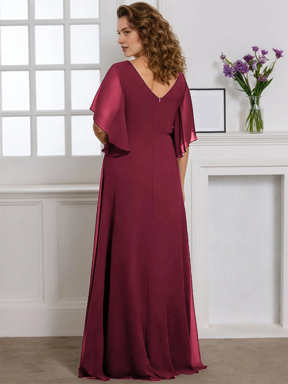 Roselledress back view burgundy long formal dress,deep v‑back flutter sleeve plus size wedding guest gown