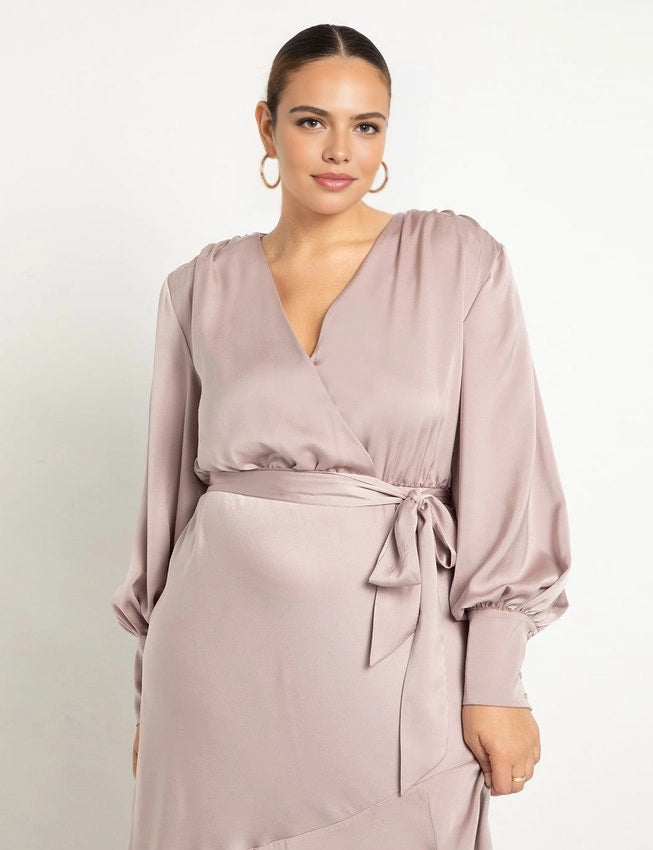 Roselledress Ruffle-Hem Long-Sleeve Satin Midi Plus Size Wedding Guest Dress