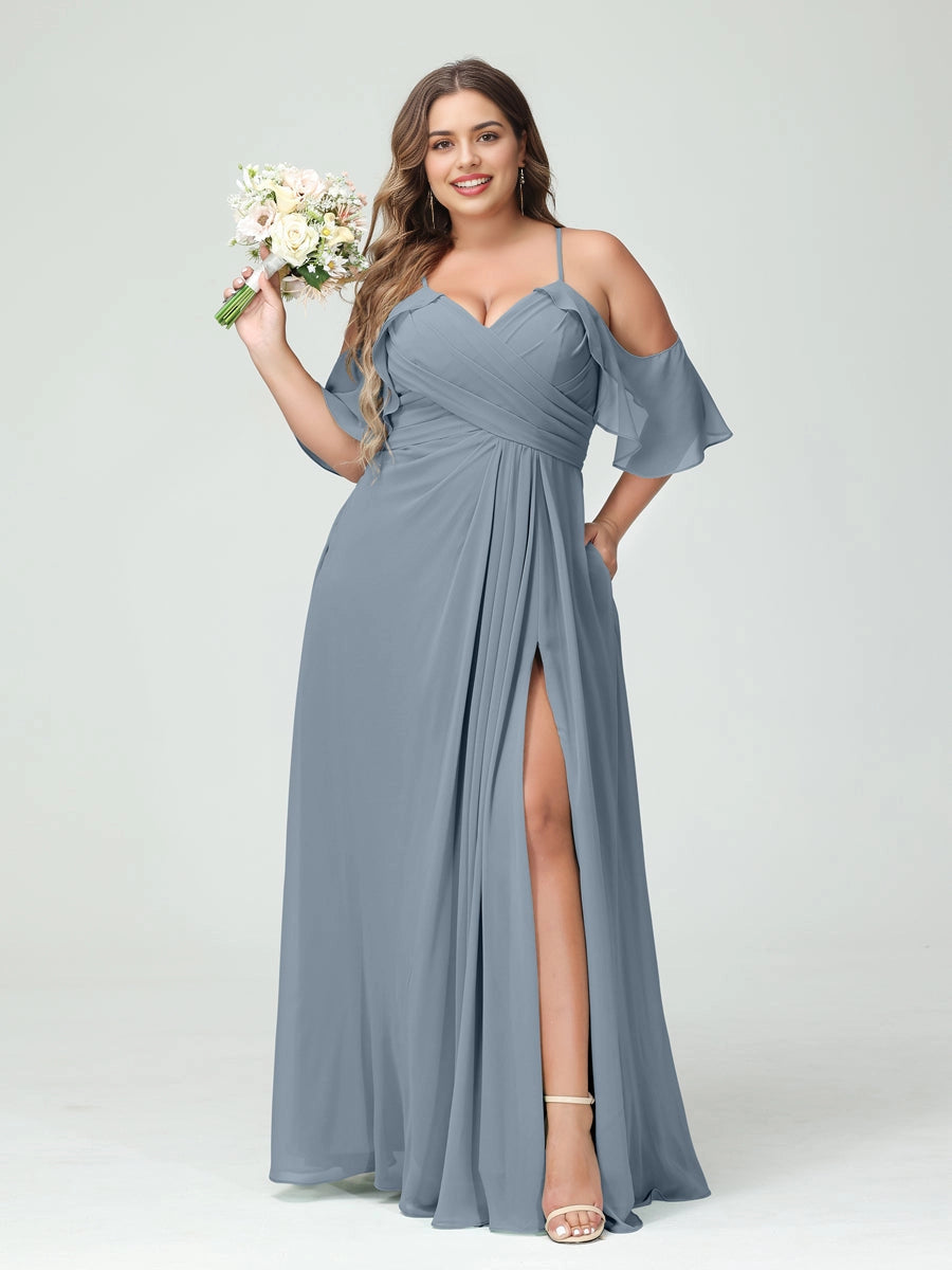 Romantic A‑Line V‑Neck Off Shoulder Keyhole Back Floor‑Length Sage Green Chiffon Slit Plus Size Mother Of The Bride Dress