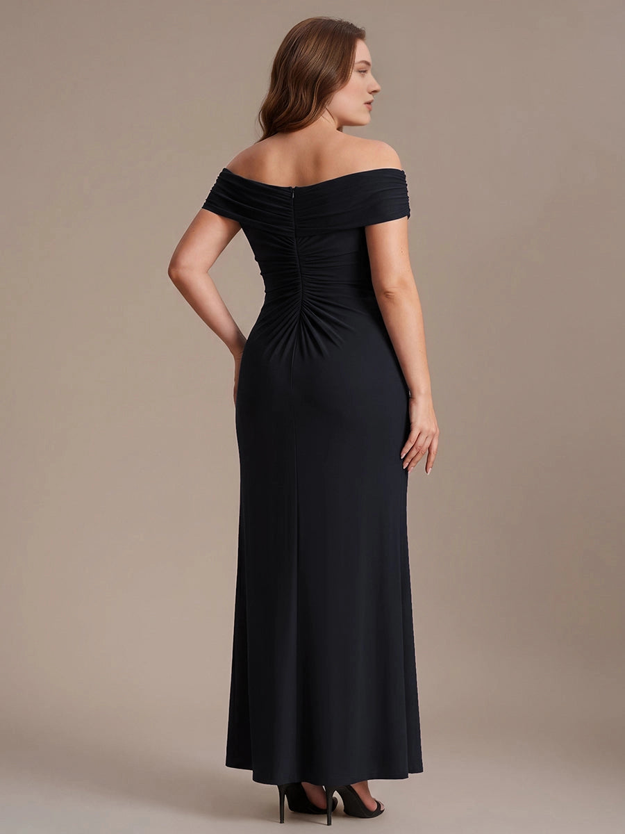 Plus Size Off-the-Shoulder V-Neck Sequin Lace Ruched Long Mother of Bride Dress