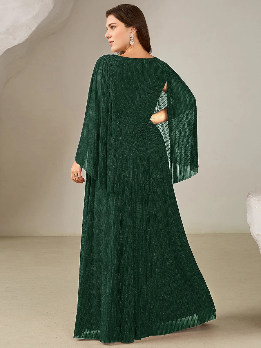 Roselledress Burgundy A Line V Neck Cape Sleeve Cutout Back Maxi Plus Size Wedding Guest Dress