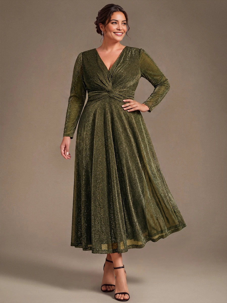Roselledress Olive‑Green Plus‑Size Long‑Sleeve Twist‑Waist A‑Line Midi Mother of the Bride Dress