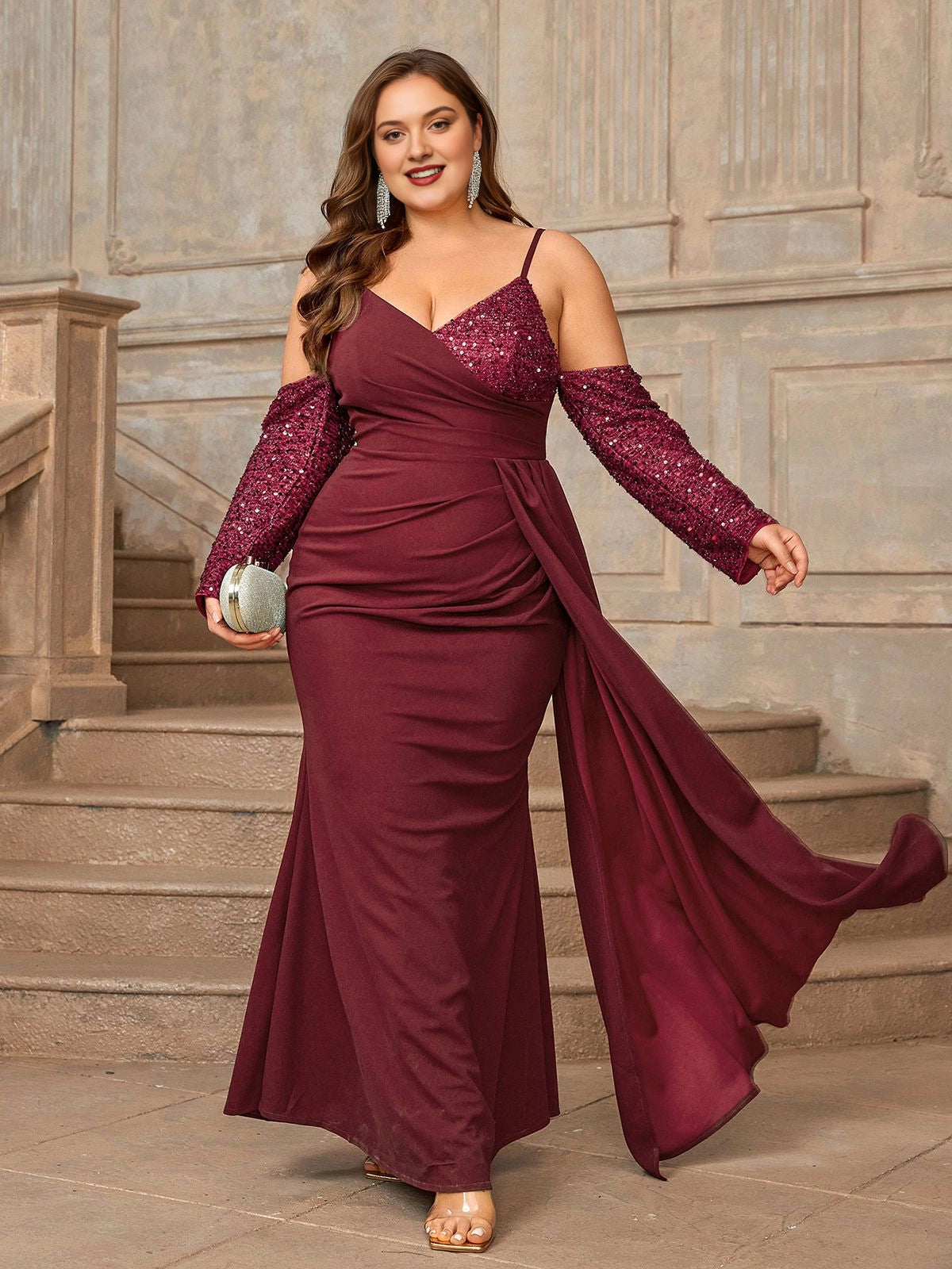 Glamorous Plus Size Sheath V-Neck Long-Sleeve Zip Back Long Burgundy Evening Dress