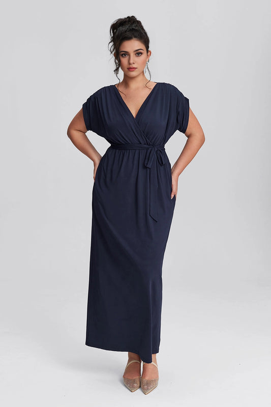 Roselledress navy plus size wrap evening dress v‑neck dolman short sleeve tie waist bridesmaid gown