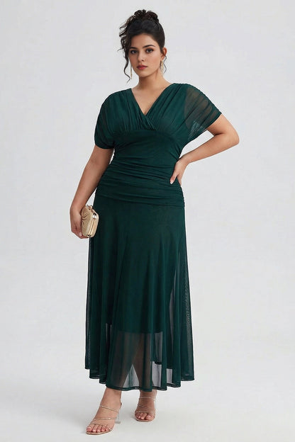 Chic Plus Size A‑Line Surplice‑V Flutter‑Sleeve Ruched‑Back Midi Mother Of Bride Dress