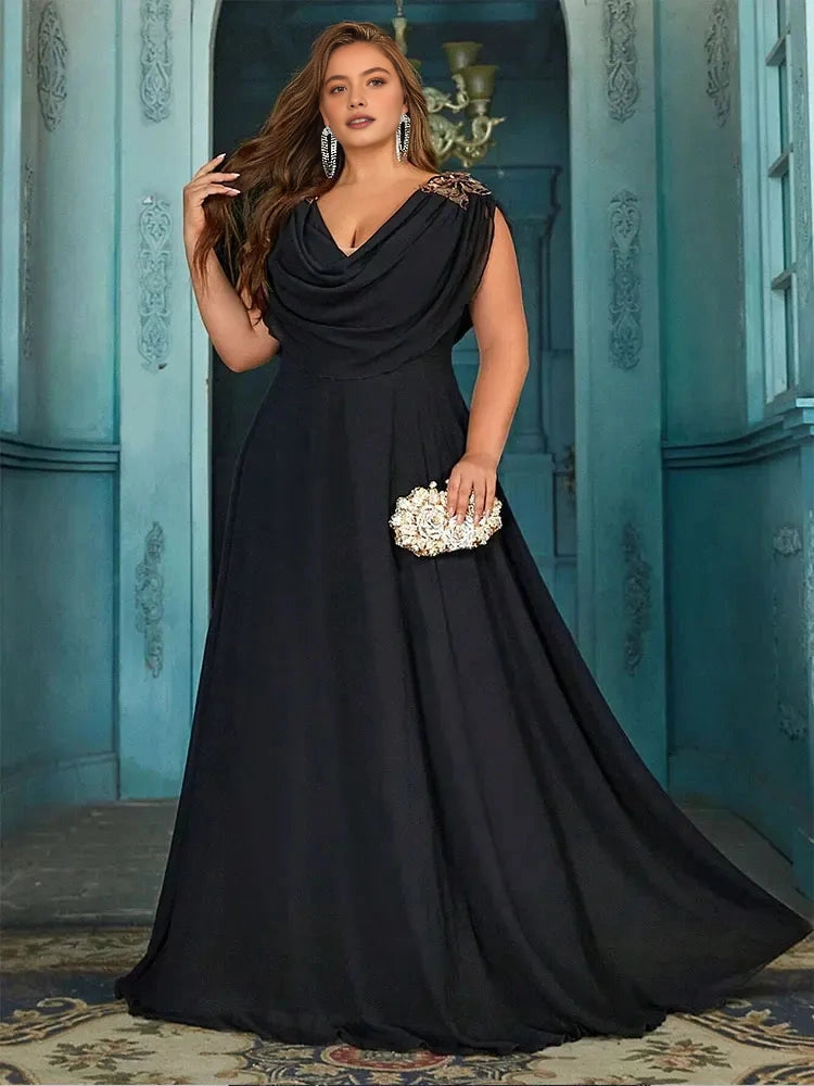 Elegant A‑Line Cowl‑Neck Cap‑Sleeve Cowl‑Back Floor‑Length Plus Size Mother Of The Bride Dress