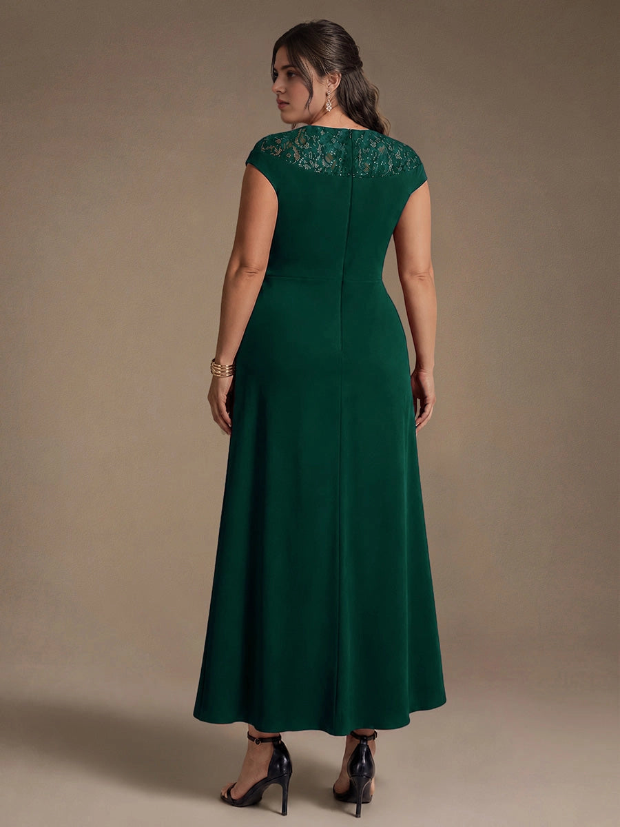 Roselledress Burgundy Sheath Round Lace Cap Sleeve Zip Back High Low Midi Plus Size Weeding Guest Dress